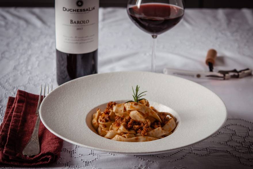 Pappardelle with wild boar ragout and Barolo Docg Duchessa Lia