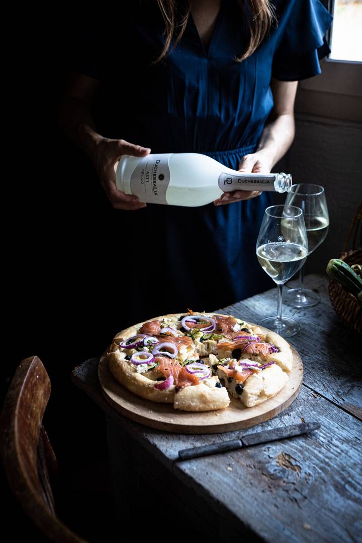 Focaccia with yogurt, salmon and olives